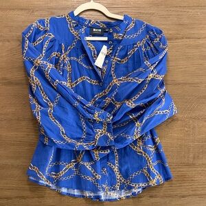 Anthropologie Blue and Gold Chain Print Blouse - NWT